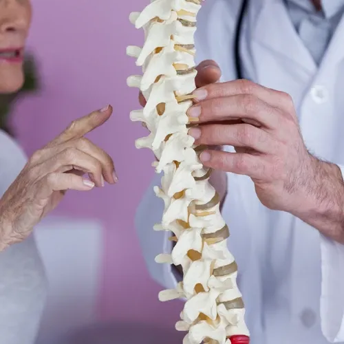 Doctor explains spinal anatomy using model while patient asks questions