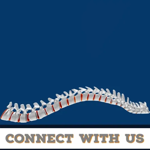 Medical-style 3D spine image with the words 'Connect With Us' over a dark blue background